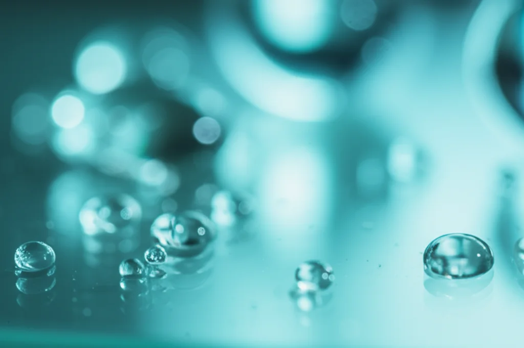 Immagine macro di gocce di siero trasparente su una superficie di vetro, con sfondo sfocato che suggerisce un laboratorio scientifico, lente macro 100mm, illuminazione precisa sui riflessi delle gocce.
