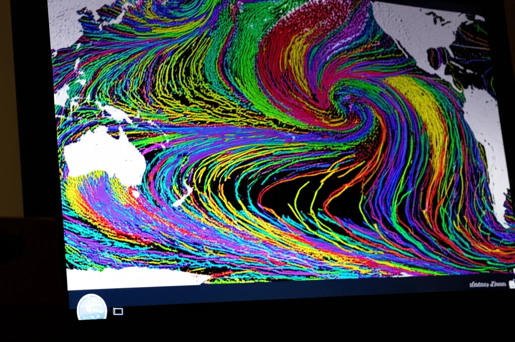 Still life, obiettivo 60mm macro, di uno schermo di computer che mostra una simulazione complessa di particelle (simili a pomice) che si muovono in correnti oceaniche visualizzate come linee colorate su una mappa. Alta definizione dello schermo, illuminazione da studio controllata per evitare riflessi, messa a fuoco precisa sui dati visualizzati.
