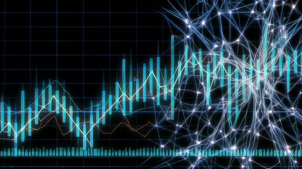 Visualizzazione astratta di una rete neurale profonda (Deep Learning) con nodi luminosi e connessioni, sovrapposta a dati temporali stilizzati rappresentanti percorsi di vita, obiettivo macro 100mm, alta definizione, illuminazione controllata.