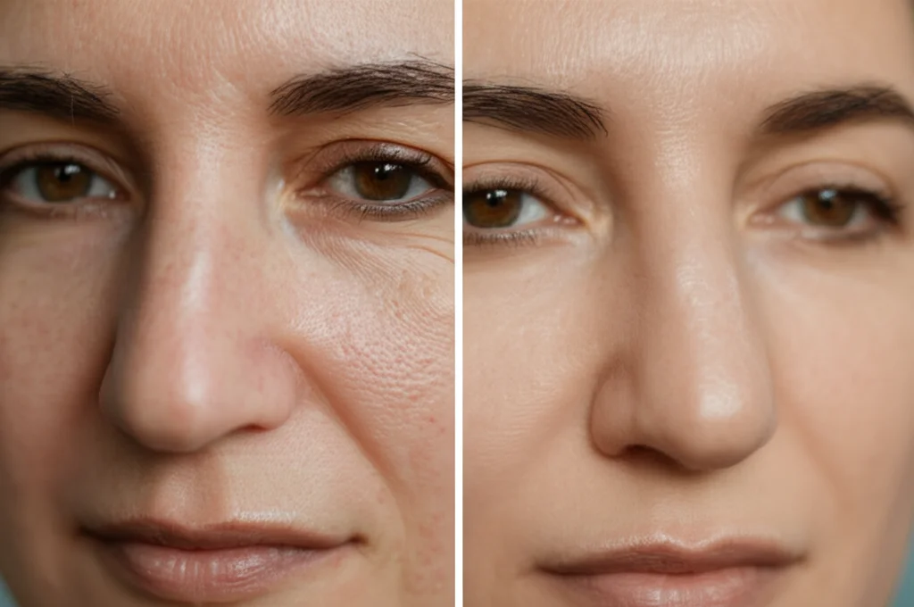 Fotografia comparativa prima e dopo del viso di una donna di 40 anni, stile ritratto 35mm, che mostra la riduzione delle macchie scure e un miglioramento della luminosità della pelle, luce naturale morbida, profondità di campo.