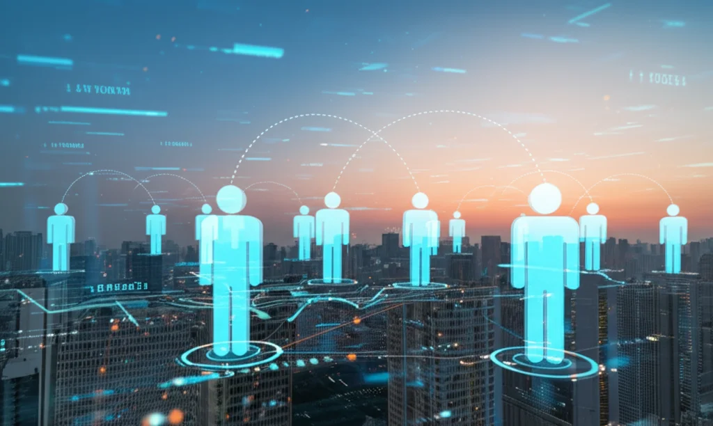 Immagine grandangolare di un paesaggio urbano futuristico al tramonto con flussi di dati digitali luminosi che collegano persone stilizzate, simboleggiando la sanità pubblica guidata dall'IA e l'analisi dei percorsi di vita, obiettivo grandangolare 15mm, lunga esposizione, focus nitido.