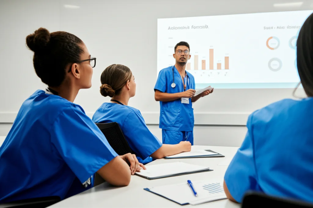 Immagine di un gruppo diversificato di infermieri che partecipano attivamente a una sessione di formazione in un'aula moderna. Un formatore indica uno schermo con grafici relativi alla qualità della documentazione. Obiettivo zoom 24-70mm, illuminazione controllata da interni, focus sul gruppo attento.