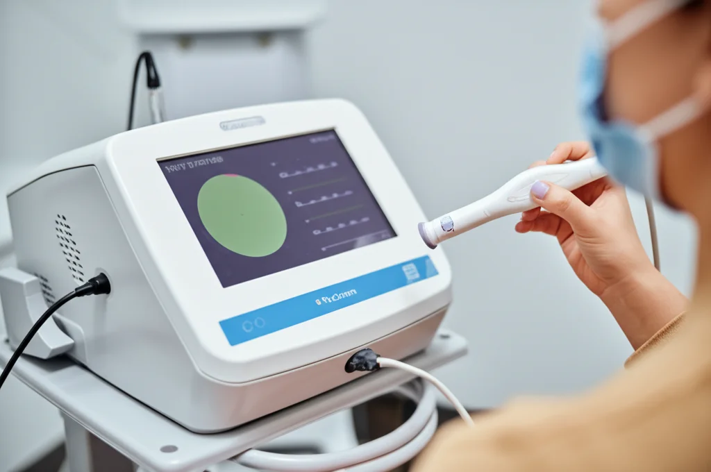 Fotografia di una ginecologa che utilizza il dispositivo TruScreen durante un esame, focus sul manipolo con sensore monouso e sullo schermo del dispositivo che mostra dati in tempo reale, luce clinica morbida, obiettivo prime 35mm, profondità di campo per isolare la scena.