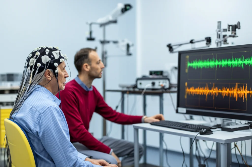 Immagine fotorealistica di un laboratorio di neuroscienze. In primo piano, un paziente anziano è seduto comodamente mentre indossa una cuffia EEG con elettrodi. Un ricercatore monitora i segnali su uno schermo di computer che mostra onde cerebrali stilizzate. Sullo sfondo, attrezzature per la tDCS e un sistema di motion capture con telecamere. Illuminazione controllata da laboratorio, focus sui dettagli tecnologici. Obiettivo prime, 50mm, profondità di campo.