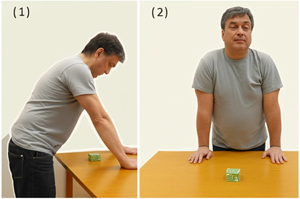 Immagine fotorealistica che illustra il concetto di compensazione del tronco. Un paziente post-ictus cerca di raggiungere un oggetto su un tavolo. La figura è divisa a metà: a sinistra (prima del trattamento M1-tDCS), il paziente si piega notevolmente in avanti con il tronco per raggiungere l'oggetto. A destra (dopo il trattamento), lo stesso paziente raggiunge l'oggetto mantenendo il tronco più eretto e stabile. Illuminazione chiara, focus sul confronto posturale. Obiettivo 35mm, stile documentaristico.