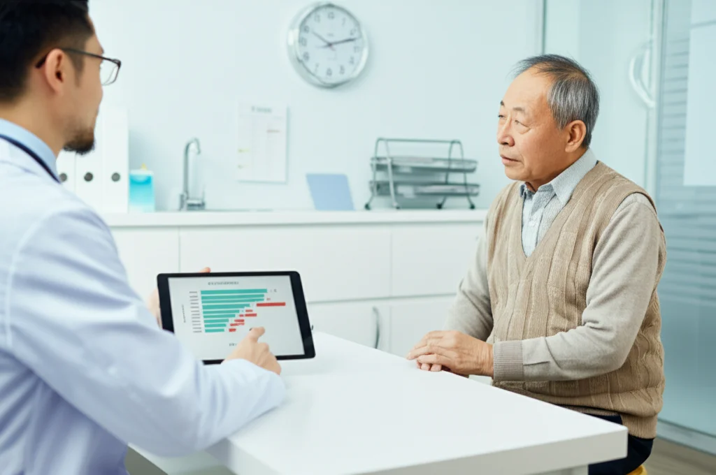 Fotografia di un medico che utilizza un tablet per mostrare un nomogramma digitale a un paziente anziano cinese prima di un intervento di bypass. L'ambiente è una stanza di consultazione ospedaliera moderna e luminosa. Lente prime 35mm, profondità di campo media per includere sia il medico che il paziente, espressioni concentrate ma rassicuranti.