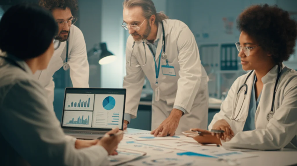 Team multietnico di ricercatori medici che discutono animatamente attorno a un tavolo pieno di grafici e dati su un laptop in un laboratorio di ricerca. Luce da ufficio brillante, focus sui volti concentrati, lente zoom 24-70mm usata a circa 50mm, atmosfera collaborativa e scientifica.