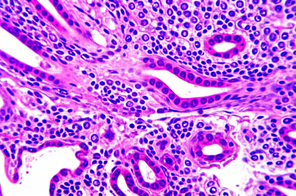 Primo piano macro di un vetrino istologico colorato con Ematossilina ed Eosina (HE) di tessuto mammario, illuminazione controllata, alta definizione, obiettivo macro 100mm, che mostra la complessità cellulare e la sfida nell'identificare pattern specifici senza colorazioni mirate.