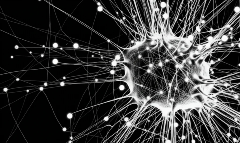 Visualizzazione astratta di una rete neurale profonda in stile film noir, bianco e nero, con nodi luminosi e connessioni intricate su sfondo scuro, simboleggiante il processo di transfer learning e l'analisi complessa dei dati istologici da parte dell'IA. Obiettivo prime 35mm.