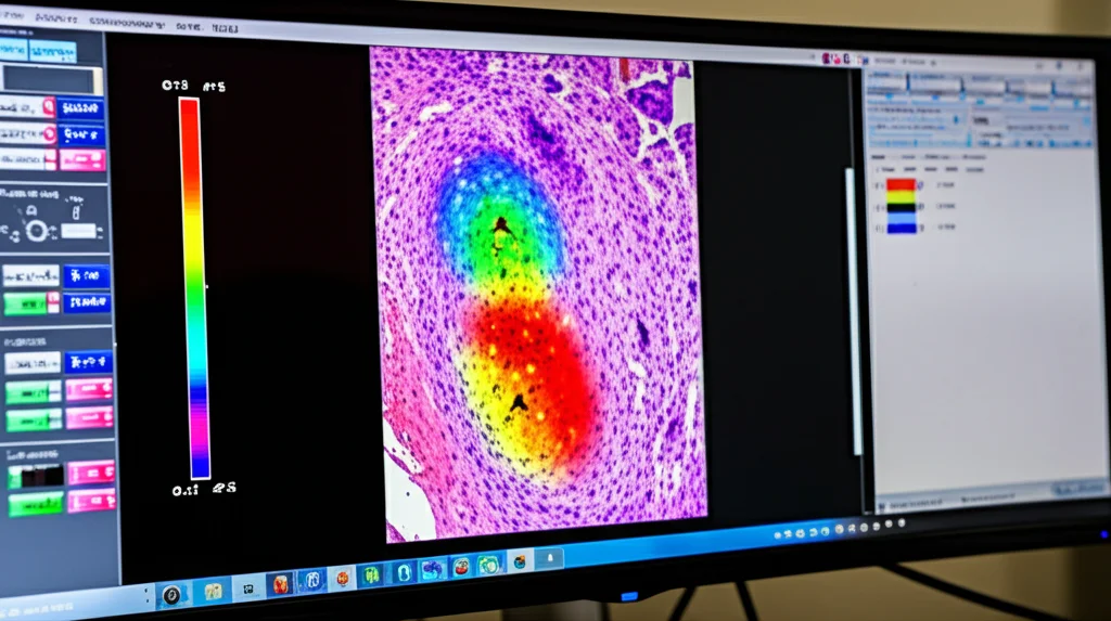 Schermo di computer in un laboratorio debolmente illuminato che mostra una heatmap di probabilità colorata sovrapposta a un'immagine istologica digitale (WSI) di cancro al seno, evidenziando le aree di interesse identificate dall'IA; profondità di campo, obiettivo 50mm.