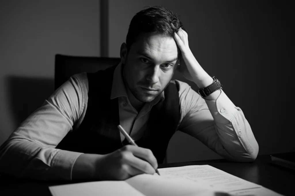 Ritratto fotografico di un adulto stressato alla scrivania in un ufficio moderno, illuminazione controllata con ombre marcate stile film noir in bianco e nero, obiettivo 35mm, profondità di campo ridotta per isolare l'espressione preoccupata e la tensione sul volto.