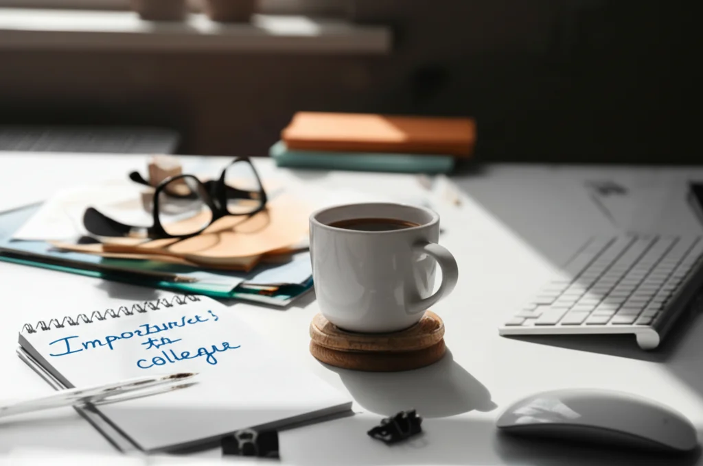 Fotografia macro di una postazione di lavoro ordinata in un ufficio luminoso. In primo piano, una tazza di caffè fumante accanto a un blocco note con una frase motivazionale scritta a mano sull'importanza del supporto tra colleghi. Obiettivo macro 80mm, alta definizione dei dettagli, luce naturale soffusa proveniente da una finestra laterale.