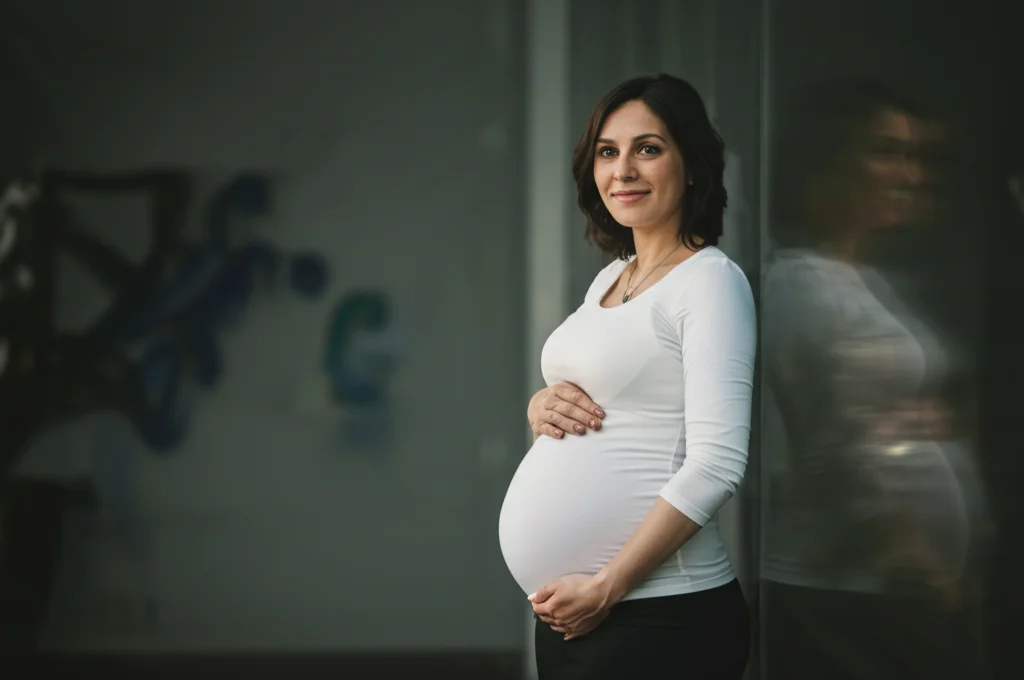 Ritratto di una donna incinta nel terzo trimestre, sorridente ma con un'espressione leggermente pensierosa, luce naturale morbida, profondità di campo, lente prime 35mm, toni caldi, rappresentativa delle partecipanti allo studio sulla preeclampsia.