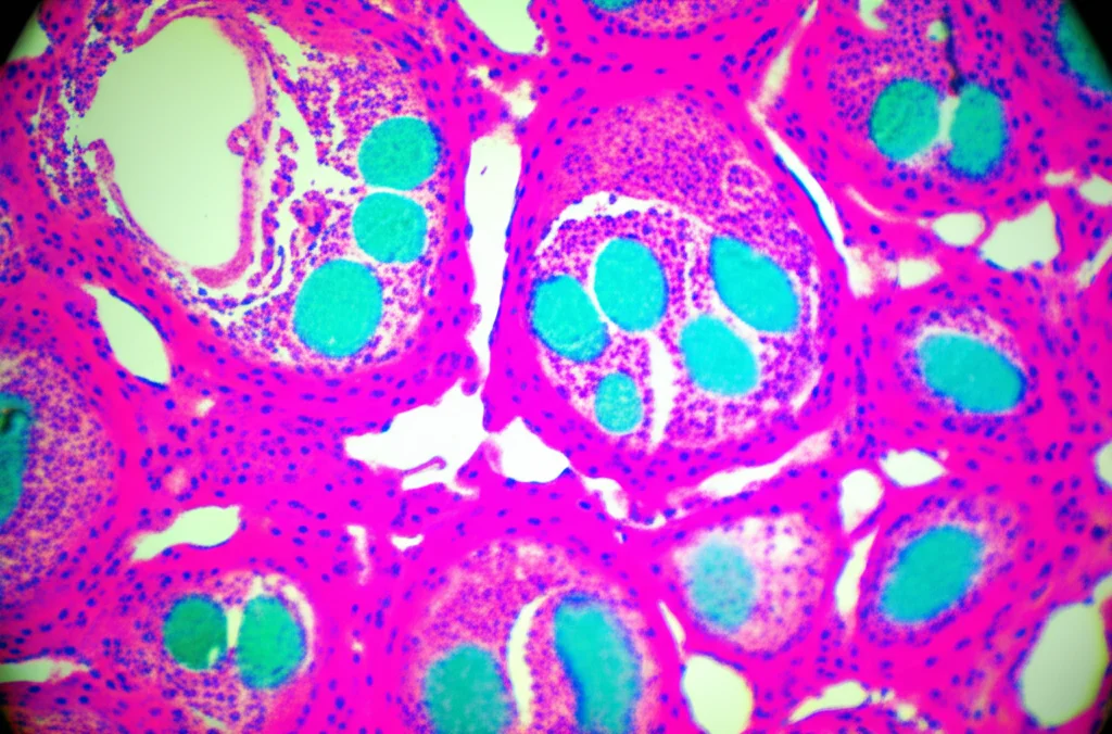 Immagine macro di cellule tumorali prostatiche sotto un microscopio, illuminazione controllata ad alto dettaglio, lente macro 100mm, per illustrare la sfida microscopica del cancro alla prostata.