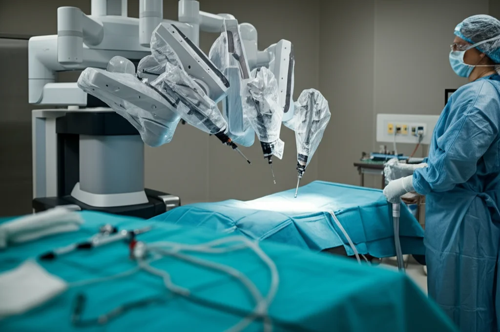 Fotografia di una sala operatoria high-tech con un braccio robotico chirurgico Da Vinci in azione, luce focalizzata sull'area operatoria, profondità di campo, focale 35mm, per rappresentare la precisione della chirurgia robotica nel trial NEAR-TOP.