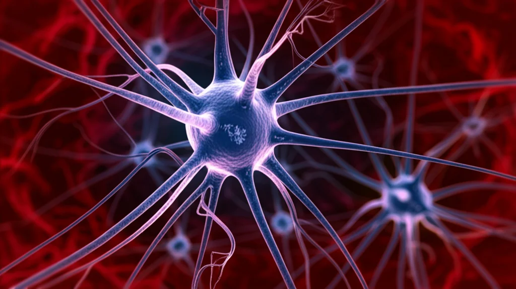Immagine macro astratta che simboleggia la connessione cervello-intestino e l'infiammazione. Strutture simili a neuroni sfocate si intrecciano con elementi che ricordano vasi sanguigni e cellule infiammatorie. Obiettivo macro 100mm, messa a fuoco selettiva, illuminazione drammatica e controllata con contrasti forti, colori virati sul rosso e blu per suggerire infiammazione e problemi vascolari.