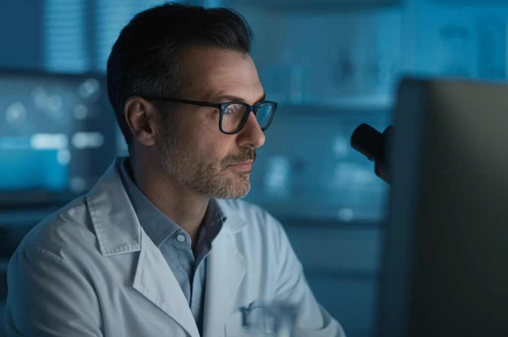 Ritratto di un ricercatore medico concentrato che analizza dati complessi su uno schermo luminoso in un laboratorio, duotone blu e grigio, focale 35mm, profondità di campo, per simboleggiare l'analisi dei risultati e la speranza nella ricerca sul cancro.
