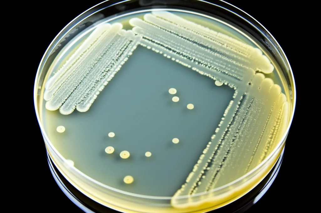 Macro fotografia, lente 60mm, alta definizione, illuminazione controllata, di una piastra Petri con colonie batteriche di E. coli che crescono su terreno agarizzato, vista dall'alto.