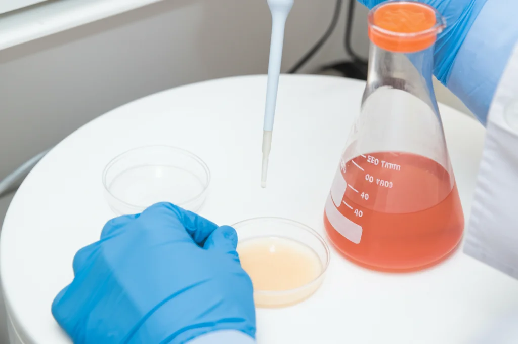 Immagine di laboratorio, obiettivo 35mm, profondità di campo, mani di uno scienziato con guanti che pipettano con cura una soluzione trasparente (IPTG) in una beuta contenente un brodo di coltura batterica torbido, all'interno di un incubatore agitatore.