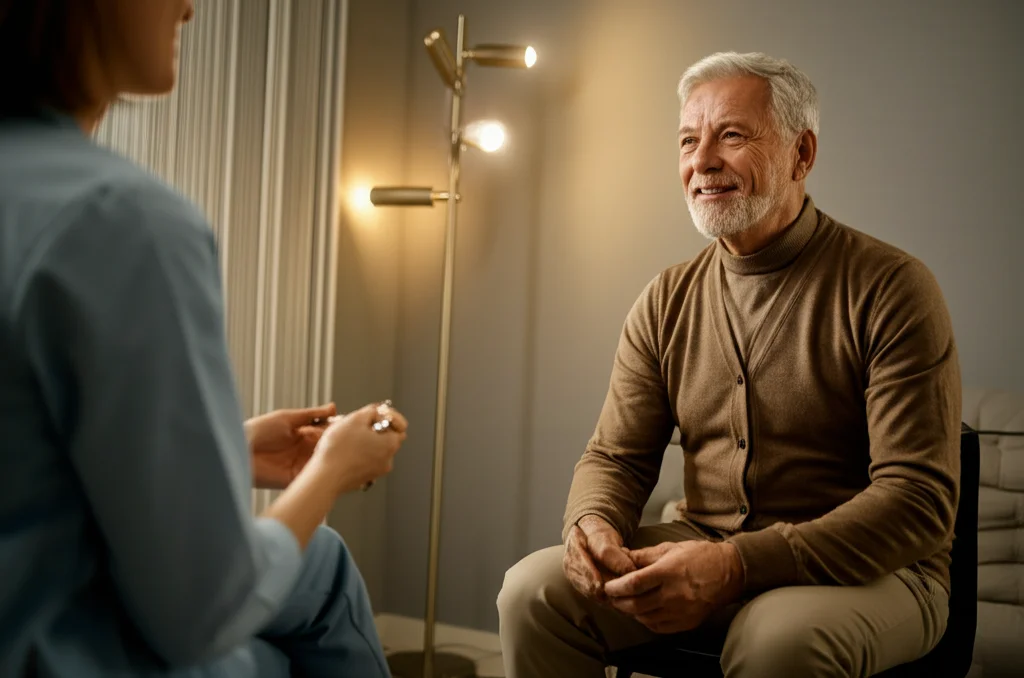 Immagine fotorealistica di un terapeuta più giovane e un paziente anziano che sorridono leggermente durante una seduta di terapia, indicando un momento di connessione e comprensione reciproca. Luce calda e controllata, obiettivo 50mm, focus preciso sui volti.