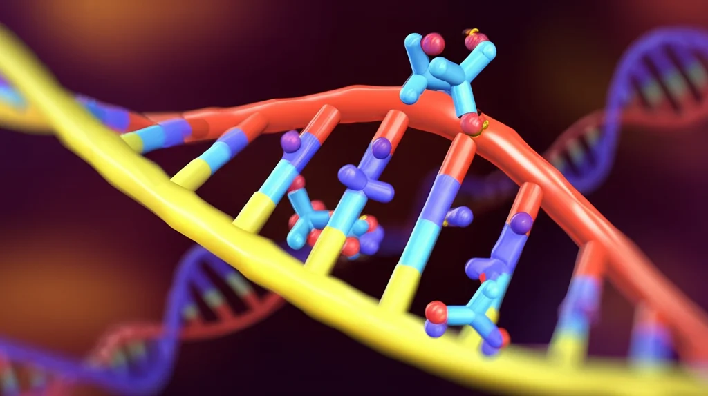 Modello molecolare 3D del complesso proteico MTA1c (Mta1, Mta9, P1) legato a un doppio filamento di DNA, evidenziando l'interazione con le basi adenina, prime lens, 50mm, profondità di campo ridotta per focalizzare sul sito attivo, rendering fotorealistico con sfondo astratto.
