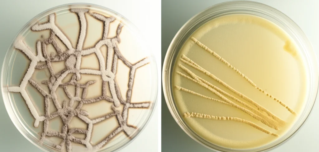 Confronto tra colonie fungine di Rhizopus microsporus su piastre di Petri: una cresciuta normalmente (senza zinco) e una con crescita stentata (con zinco, che riduce 6mA), macro lens, 60mm, illuminazione dall'alto, dettagli morfologici delle ife evidenti, sfondo neutro da laboratorio.
