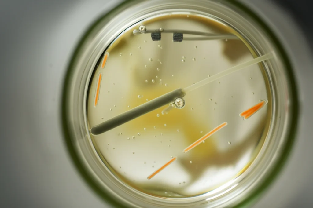 Primo piano di un piccolo bioreattore in vetro, lente macro 100mm, che mostra l'aerazione con bollicine e l'agitazione di una sospensione batterica leggermente torbida, con sonde di monitoraggio visibili immerse nel liquido.