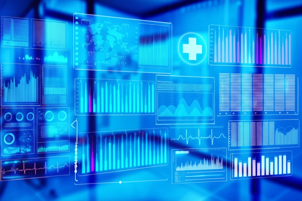 Visualizzazione astratta di dati medici e grafici su uno schermo digitale luminoso in un ambiente di ricerca high-tech. Obiettivo macro 90mm, alta definizione, illuminazione controllata.