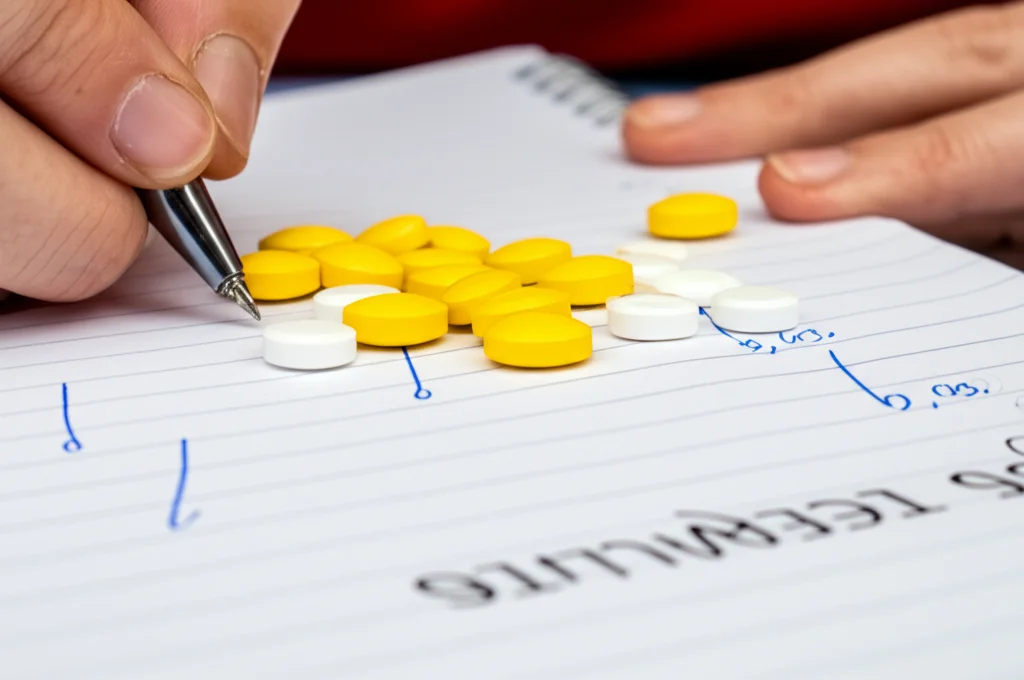 Dettaglio macro di compresse di metotrexato (gialle) e leflunomide (bianche) su un tavolo pulito accanto a una mano che scrive su un diario medico. Obiettivo macro 100mm, messa a fuoco precisa, luce da studio.