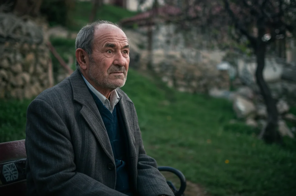 Un uomo anziano dall'aspetto saggio, seduto su una panchina in un parco rurale turco, guarda in lontananza con un'espressione pensierosa. Fotografia ritratto, obiettivo 35mm, luce naturale morbida, profondità di campo che sfoca leggermente lo sfondo di case semplici e vegetazione.