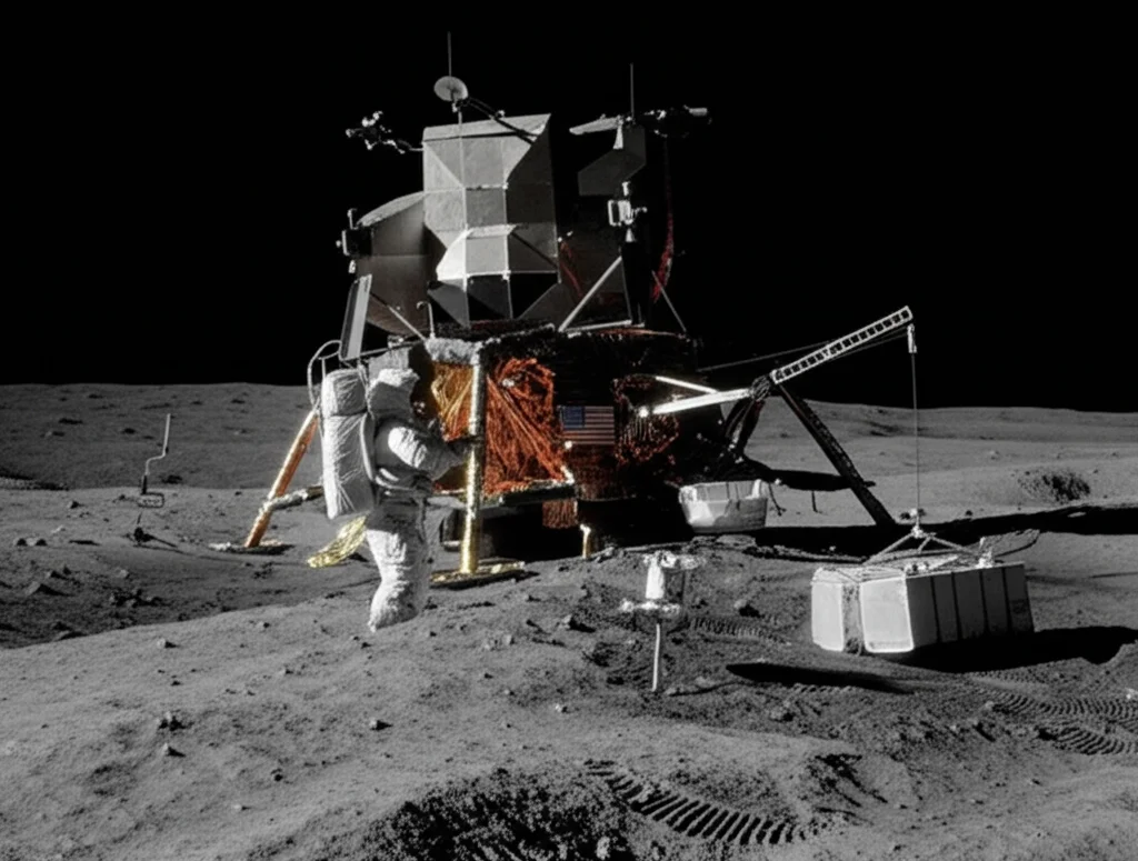 Fotografia in bianco e nero stile film noir di un modulo lunare Apollo inclinato su un terreno craterizzato lunare, con un astronauta che scarica attrezzature usando una piccola gru integrata. Obiettivo 35mm, profondità di campo accentuata, duotono grigio e nero.