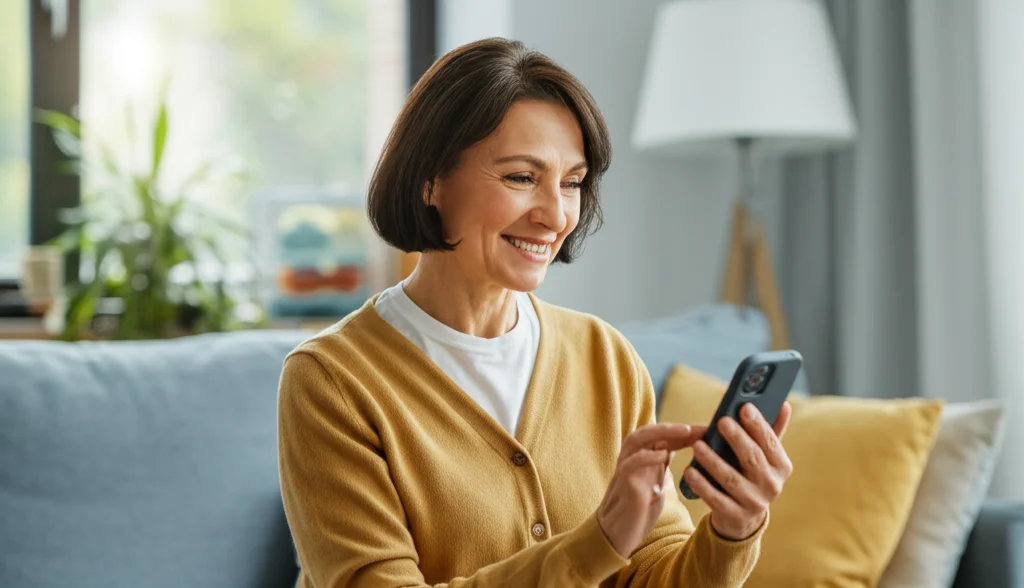 Una donna sorridente di mezza età che utilizza un'app per la salute sul suo smartphone in un salotto luminoso e confortevole. Obiettivo prime 35mm, profondità di campo, luce naturale.