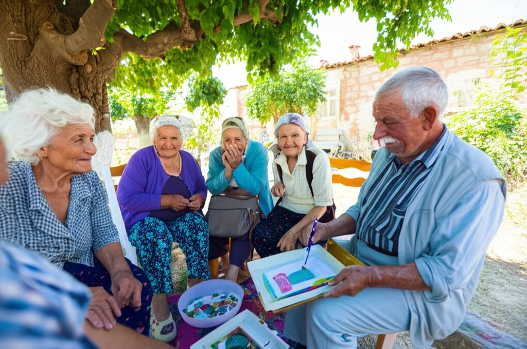 Un gruppo diversificato di persone anziane che partecipano attivamente a un'attività sociale all'aperto in un villaggio rurale turco, alcuni chiacchierano, uno dipinge, sotto un albero. Scatto con teleobiettivo zoom 100mm per catturare l'interazione, luce diurna brillante, espressioni coinvolte.