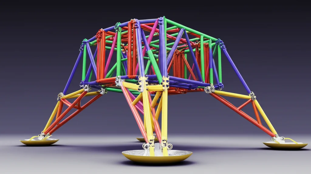 Visualizzazione 3D fotorealistica di una struttura a traliccio complessa che rappresenta un lander lunare a quattro zampe, con nodi e travi evidenziati in diversi colori per chiarezza. Illuminazione da studio controllata, dettaglio elevato, obiettivo macro 80mm per enfatizzare la struttura ingegneristica.