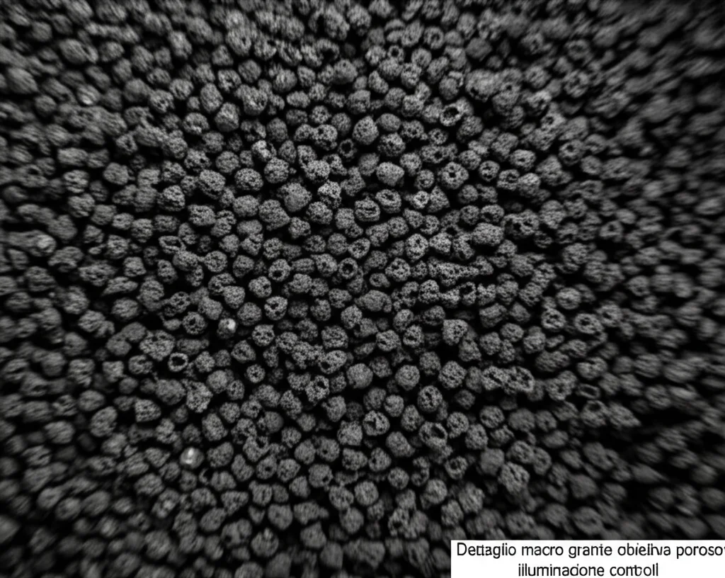 Dettaglio macro di granuli di biochar nero e poroso, obiettivo macro 105mm, alta definizione, illuminazione controllata che ne evidenzia la texture e la struttura porosa.