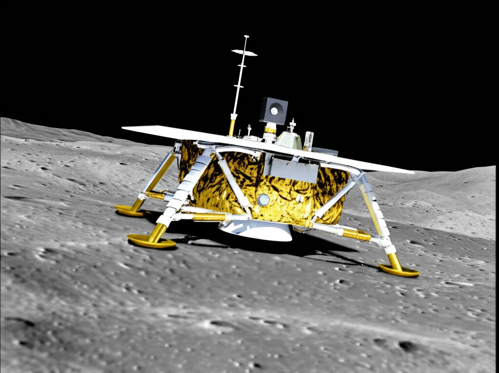 Immagine grandangolare 15mm di un modello CAD trasparente del lander lunare Argonaut sovrapposto a una simulazione della sua posizione livellata e abbassata su un pendio lunare simulato. Messa a fuoco nitida su tutto il campo, esposizione lunga per suggerire il movimento controllato avvenuto.