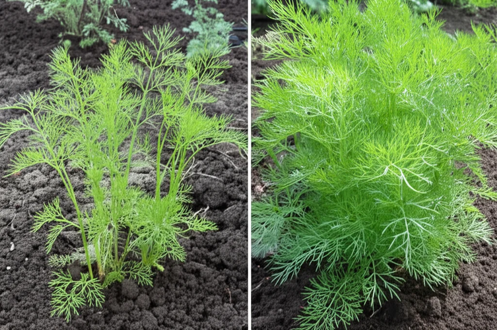 Confronto affiancato: a sinistra, una pianta di aneto debole in terreno contaminato; a destra, una pianta di aneto visibilmente più sana e rigogliosa nello stesso terreno ma ammendato con biochar scuro. Obiettivo 50mm, profondità di campo media, luce naturale brillante.