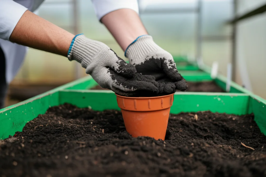 Mani guantate di un ricercatore che mescolano biochar nero in un campione di terreno in un vaso di coltivazione in serra. Obiettivo 35mm, focus sulle mani e sul biochar, sfondo leggermente sfocato della serra.