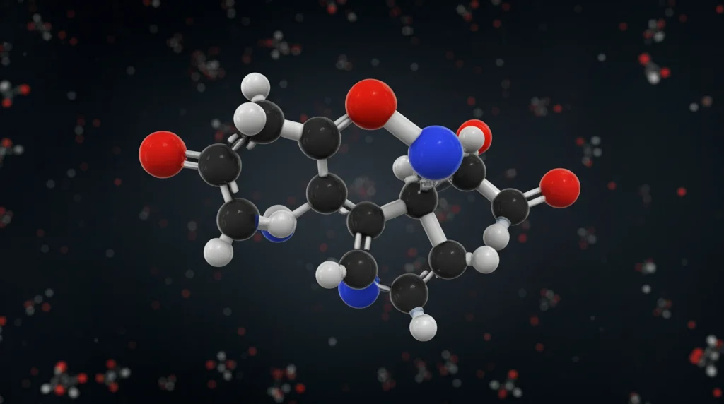 Visualizzazione astratta di molecole di farmaco (metoprololo) che si trasformano in diverse molecole di metaboliti, sfondo scuro, illuminazione drammatica, stile cinematografico, profondità di campo.