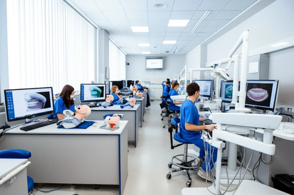 Immagine grandangolare (obiettivo 18mm) di un'aula moderna di simulazione odontoiatrica. Da un lato, studenti lavorano su manichini con strumenti tradizionali; dall'altro, studenti utilizzano postazioni computer con software di simulazione 3D e analisi cefalometrica digitale. La scena simboleggia l'integrazione tra formazione pratica tradizionale e apprendimento digitale. Luce naturale diffusa, messa a fuoco nitida su tutta la scena.