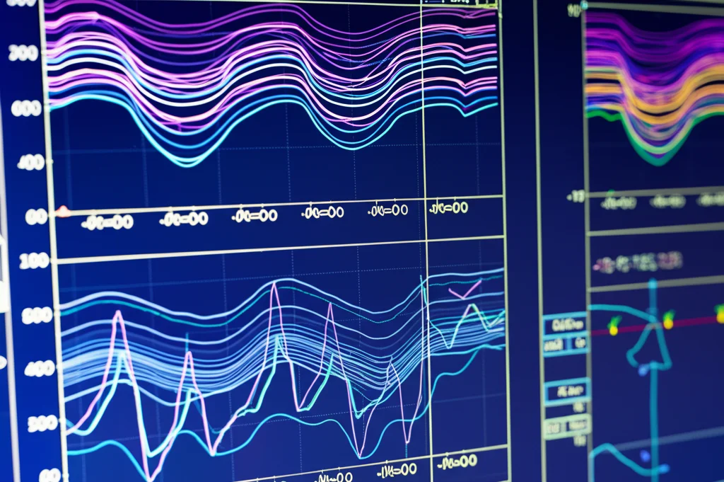 Immagine macro fotorealistica di dati di sensori visualizzati su uno schermo di computer - linee ondulate che rappresentano tracciamento oculare, movimento della testa e dati delle mani. Obiettivo macro 100mm, alta definizione, focus preciso sui grafici di dati, illuminazione da studio controllata.