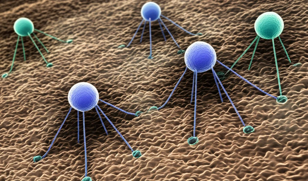Micrografia elettronica a trasmissione simulata che mostra batteriofagi (virus a forma di 'lander lunare') attaccati a una cellula batterica, in un ambiente acquatico denso che rappresenta la piastra microbica, dettagli elevati, illuminazione drammatica.