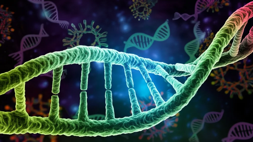 Visualizzazione artistica astratta di DNA virale che si integra nel genoma batterico (lisogenia) e di sistemi CRISPR-Cas che tagliano DNA virale invasore, colori al neon su sfondo scuro, evocando processi molecolari complessi.