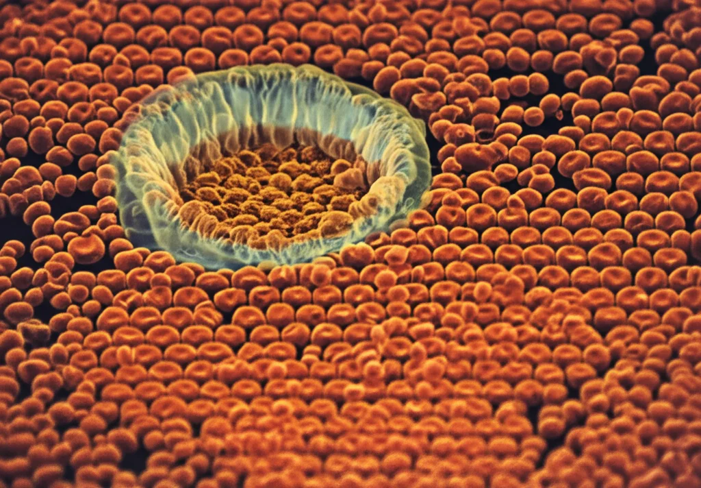 Macro fotografia, 85mm, di nanoparticelle biomimetiche auto-assemblate in una soluzione acquosa, con illuminazione controllata per evidenziare la struttura core-shell e la membrana di globulo rosso mimetica. Dettaglio elevato.