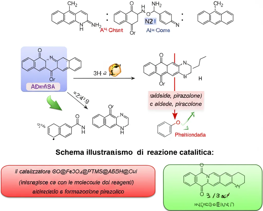 Schema illustrativo del meccanismo di reazione catalitica: il catalizzatore GO@Fe3O4@PTMS@ABDSH@CuI (rappresentato schematicamente) interagisce con le molecole dei reagenti (aldeide, pirazolone) attivandole e facilitando la formazione del prodotto pirazolico. Stile diagramma chimico chiaro e colorato.