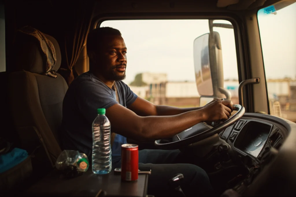 Fotografia realistica di un camionista ghanese al volante del suo camion, con una bottiglia d'acqua mezza vuota e una lattina di energy drink sul cruscotto. Luce calda del pomeriggio che filtra dal finestrino. Obiettivo 35mm, profondità di campo ridotta per focalizzare sul guidatore e le bevande.