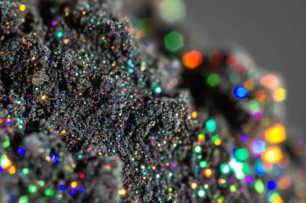 Immagine macro fotorealistica di cristalli molecolari organici scintillanti di idrocarburi policiclici aromatici (PAH) sotto una luce da laboratorio controllata, obiettivo macro 100mm, alta definizione, focus preciso sulle sfaccettature cristalline, che illustra la complessità e la bellezza delle interazioni luce-materia a livello molecolare studiate con GW+BSE.