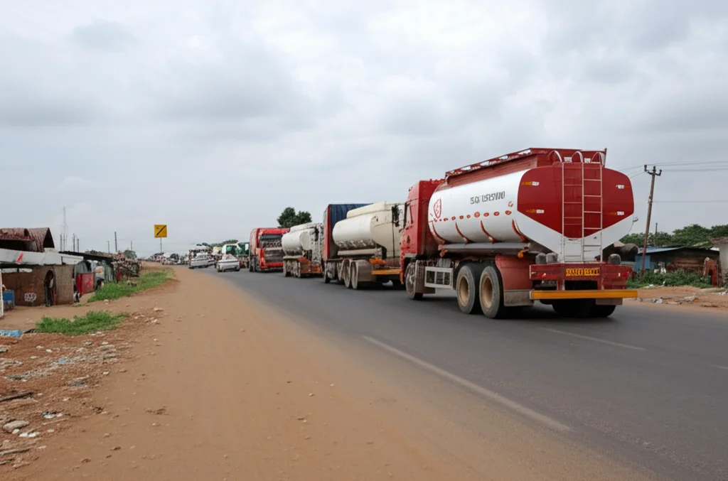 Ampia veduta di una strada trafficata in Ghana con camion e autocisterne in fila. Ai lati della strada, poche strutture visibili, suggerendo la mancanza di aree di sosta adeguate. Cielo leggermente nuvoloso. Obiettivo grandangolare 18mm, messa a fuoco nitida sull'intera scena.