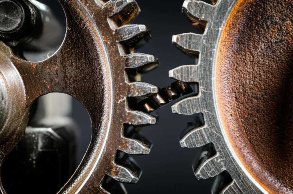 Fotografia macro di due ingranaggi metallici, uno gira fluidamente (Europa), l'altro è arrugginito e bloccato (America Latina), obiettivo macro 100mm, alta definizione, illuminazione controllata drammatica.