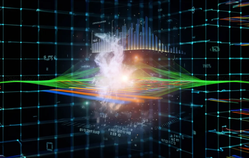 Visualizzazione astratta ma fotorealistica di un flusso di dati digitali complessi che si trasformano in grafici 3D di strutture di bande elettroniche e spettri di assorbimento ottico colorati, simboleggiando l'enorme quantità di informazioni contenute nel dataset PAH101 e il suo potenziale per la scoperta di materiali tramite machine learning. Illuminazione drammatica high-tech, profondità di campo.